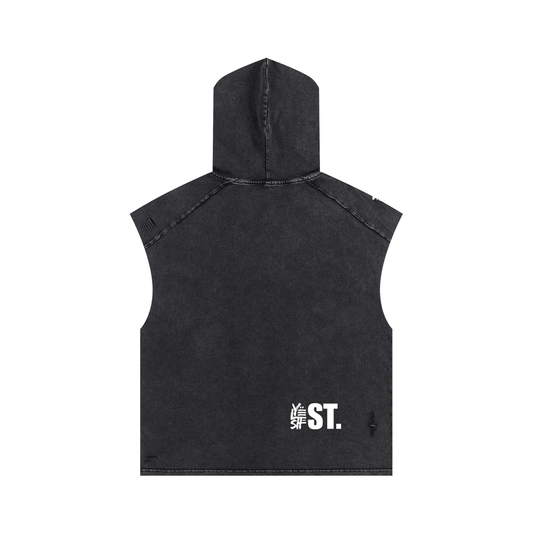 hooded tank top,hoodie,tanktop,gym fit,loose fit,streetwear,snow washed design