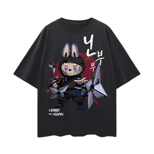 Labubu,K-Fashion,K-pop,Oversize Tee,Drop Shoulder Tee,Graphic Tee,Black Tee,Unique Design Tee,Labubu T-shirt,Ninja T-shirt