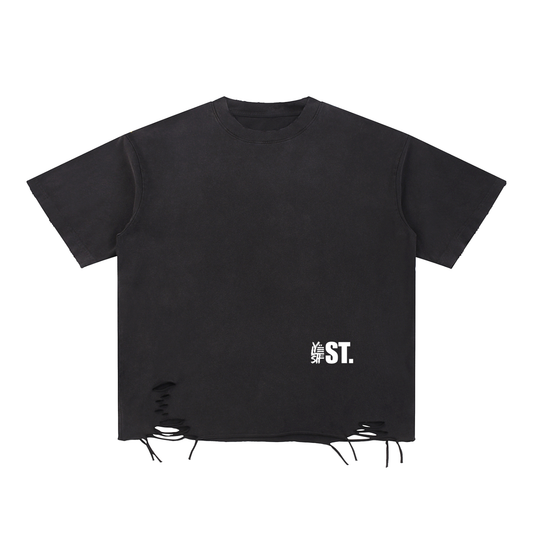 raw hem,streetwear,minimalistic design,artistic tee,artsy streetwear,logo design