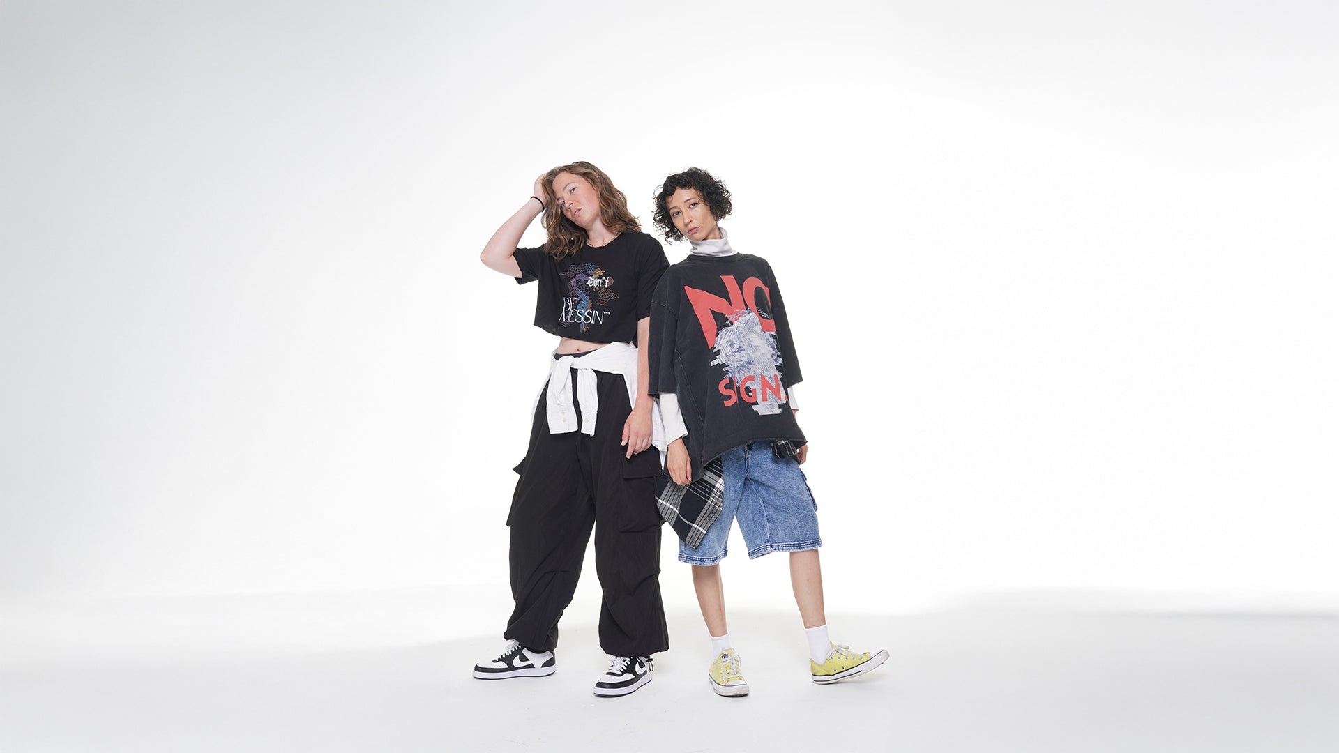 Two Yelsh Street Models on a white background. Yelsh Street K-Fashion inspired streetwear designs
